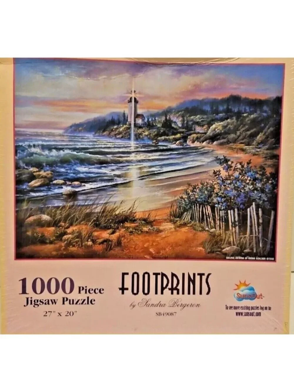 VTG Puzzle Footprints 1000-Pc Jigsaw Sandra Bergeron 27 x 20 Sunset Lighthouse
